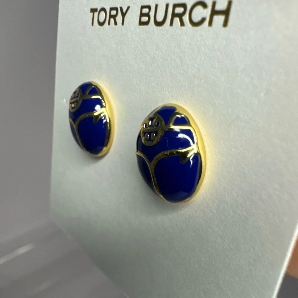 Tory Burch New Blue Enamel Oval Gold-Toned Earrings